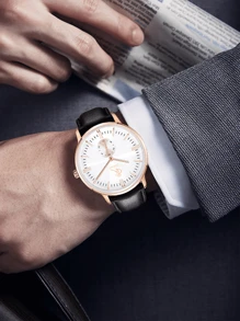 瑞士dk品牌男款玫瑰金圓錶,黑色皮質錶帶,時尚輕奢,復古毛刷錶盤,紋理感,防水,石英錶,日常裝飾、經典百搭 - 玫瑰金 - 查看 4