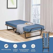 Guest Bed 80x190 Cm, Folding Bed With Mattress, Steel Frame, Single Bed Adults For Office & Bedroom - Blue - View 2