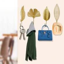 4pcs Decorative Leaves Iron Hooks, 4 Style Feather/Maple Leaf Wall Mounted Hangers Gold Coat Hooks For Hanging Key, Towel, Coat, Photo Frame, Hat, Bag And Umbrella - Gold - View 5