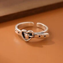 1 件復古鏤空心形人造皮革開口戒指,適合女士日常佩戴 - 復古銀色 - 查看 1