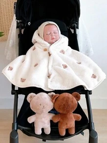 婴儿刺绣连帽斗篷风衣保暖披肩婴儿推车毛毯卡通熊披肩