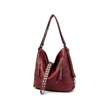 Fashionable Solid Color Rivet Studs Punk Style Simple Versatile Shoulder Bag For Women, Suitable For Both Shoulder And Double Shoulders - Burgundy - View 5