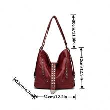 Fashionable Solid Color Rivet Studs Punk Style Simple Versatile Shoulder Bag For Women, Suitable For Both Shoulder And Double Shoulders - Burgundy - View 4