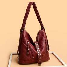 Fashionable Solid Color Rivet Studs Punk Style Simple Versatile Shoulder Bag For Women, Suitable For Both Shoulder And Double Shoulders - Burgundy - View 2