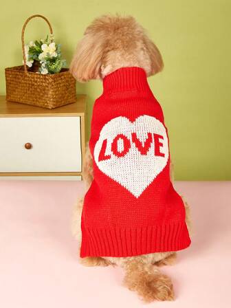 Warm Knitted Sweater With Heart & Bow Decor For Small Dogs, Pink & Red, Suitable For Autumn/Winter