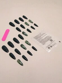 24入組復古風杏仁形長假指甲套裝，深綠色，適合日常穿著，提升您的優雅 - 彩色 - 查看 5