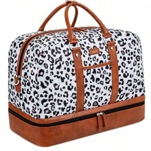 女性週末包,大容量帆布旅行行李袋,帶防水濕乾分離鞋格,21英寸大小男女皆可,耐用手提行李袋附側邊口袋,可背式設計,灰色豹紋,休閒時尚風格 - 淺灰色 - 查看 1