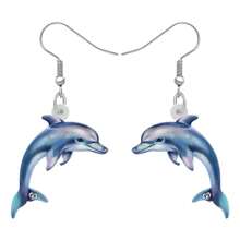 1對新奇的壓克力海豚耳環海洋動物吊墜珠寶,適合女性兒童女孩生日派對禮物 - 藍色 - 查看 1