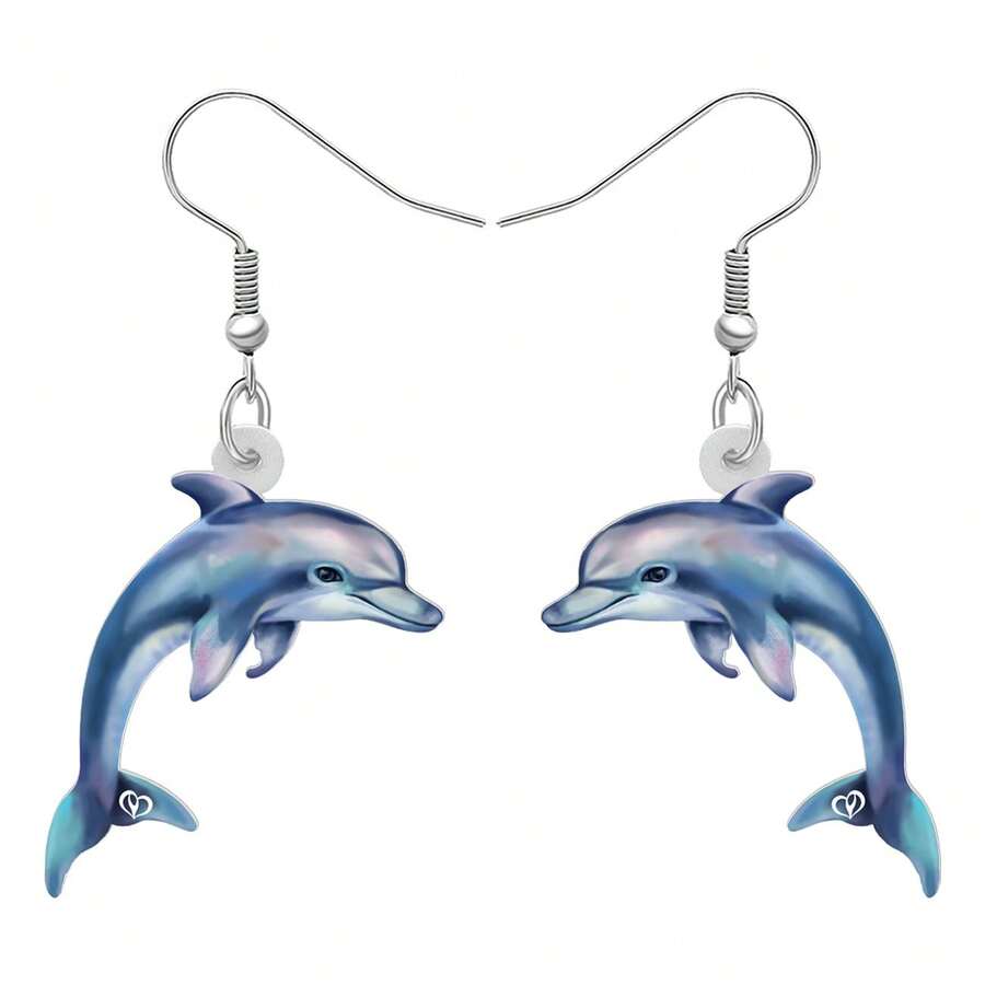 1對新奇的壓克力海豚耳環海洋動物吊墜珠寶,適合女性兒童女孩生日派對禮物 - 藍色 - 查看 1