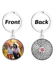 1pc Cute Couple Cat Keychain&Keychain Wristband Wallet With Shiny Lilac Rhinestone 30mm Glass Sticker Vintage Keychain On Back Birthday Gift For Boyfriend Girlfriend - Mauve Purple - View 3