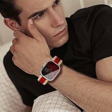 1 条男女通用休闲商务帆布拼色表带，时尚、个性化、透气、吸汗替换腕带，兼容 Apple Watch 表带 44mm.45mm.49mm.38mm.40mm.41mm.42mm Ultra/Se/8/7/6/5/4/3/2/1 - 紅白色 - 查看 4