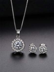 1套優雅奢華的圓形鋯石嵌入吊墜項鍊和耳環套裝,完美適合婚禮和派對,是女友、妻子等在婚禮、訂婚、求婚和其他特殊場合的理想禮物 - 銀色 - 查看 2
