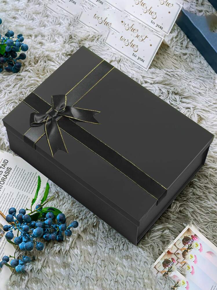 1 件简单朴素的可折叠礼品盒，配有丝带和蝴蝶结，适合派对和节日礼品包装，非常适合女友的生日礼物和情人节礼物包装，返校情人节 - 黑色 - 查看 2