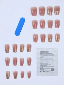 24片装按压式美甲贴片，短款棺材形渐变闪粉设计，可重复使用软胶美甲贴片，12种尺寸，包含1瓶果冻胶和1把指甲锉，适合女性和女孩使用。 - 彩色 - 查看 3
