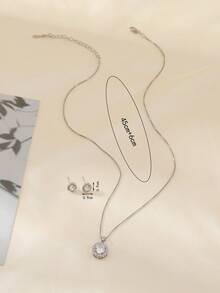 1套優雅奢華的圓形鋯石嵌入吊墜項鍊和耳環套裝,完美適合婚禮和派對,是女友、妻子等在婚禮、訂婚、求婚和其他特殊場合的理想禮物 - 銀色 - 查看 7