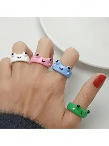 1入青蛙樹脂戒指可愛的動物丙烯酸戒指套裝有趣的厚實指甲扣環少女的友誼禮物 (不含盒子) - 綠色 - 查看 3