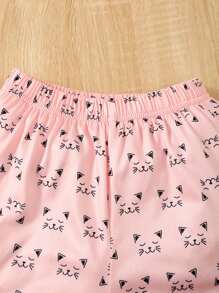 年輕女孩卡通圖案短袖t恤和短褲休閒夏季套裝 - 粉色 - 查看 4