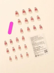 Instantly Upgrade Your Look With 24pcs Long Coffin French Style With Blue Border Love Pattern Blush Fake Nail & 1pc Nail File & 1sheet Tape Press On Nails Nail Supplies - Multicolor - View 2