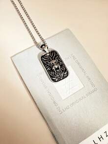 1枚時尚個性化復古風格方形吊墜與大膽的獅子頭形狀不鏽鋼項鍊,適合男士、情侶、日常穿著、情人節禮物、可疊加 - 彩色 - 查看 1