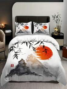 3pcs Ink Flower Painting Print Polyester Bedding Set, Soft Comfortable Comforter Cover, For Bedroom, Guest Room (1*Comforter Cover + 2*Pillowcase, Without Core)