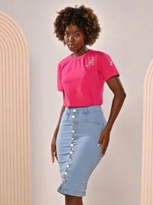 Women Denim Skirts - 中等水洗藍 - 查看 6