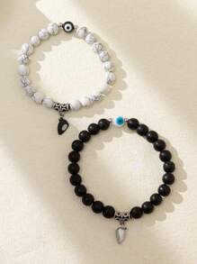 2入組天然石珠子和愛心、、八卦和手部紋路的彈性手鍊套裝,適用於情人節女士和情侶 - 彩色 - 查看 12