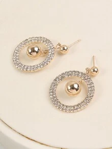 1pair European And American Style Double-Layer Round Dangle Earrings With Ball Pendant And Rhinestones - Yellow Gold - View 4