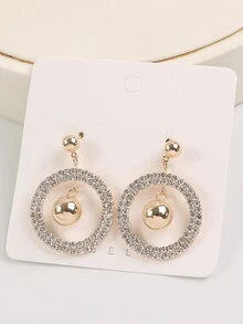 1pair European And American Style Double-Layer Round Dangle Earrings With Ball Pendant And Rhinestones - Yellow Gold - View 3