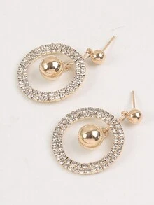 1pair European And American Style Double-Layer Round Dangle Earrings With Ball Pendant And Rhinestones - Yellow Gold - View 5