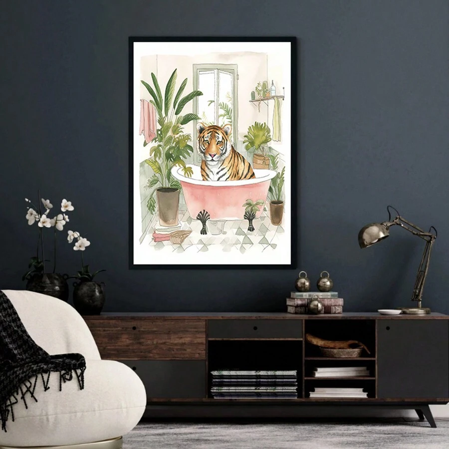 1pc Creative Watercolor Animal Wall Art Poster, Lion, Canvas Painting, Living Room Picture, Home Decoration (No Frame) - Apricot - View 1