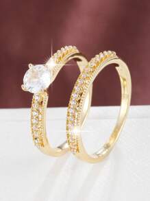 2pcs/Set Fashionable Minimalist Copper Inlaid Couples Rings - Multicolor - View 12