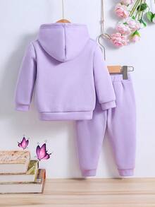 少女蝴蝶印花連帽毛衣和運動裤，保暖防寒 - 紫色 - 查看 2