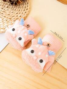 1對(2件)3-8歲兒童半指手套,帶翻蓋,馴鹿設計,厚實保暖,卡通可愛 - 粉色 - 查看 2