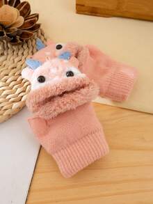 1對(2件)3-8歲兒童半指手套,帶翻蓋,馴鹿設計,厚實保暖,卡通可愛 - 粉色 - 查看 9
