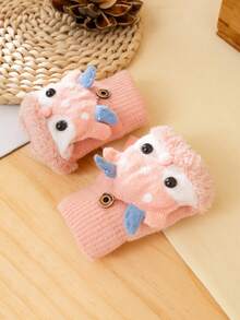 1對(2件)3-8歲兒童半指手套,帶翻蓋,馴鹿設計,厚實保暖,卡通可愛 - 粉色 - 查看 6