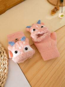1對(2件)3-8歲兒童半指手套,帶翻蓋,馴鹿設計,厚實保暖,卡通可愛 - 粉色 - 查看 7