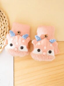 1對(2件)3-8歲兒童半指手套,帶翻蓋,馴鹿設計,厚實保暖,卡通可愛 - 粉色 - 查看 1