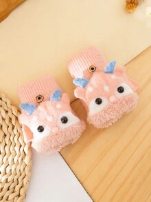 1對(2件)3-8歲兒童半指手套,帶翻蓋,馴鹿設計,厚實保暖,卡通可愛 - 粉色 - 查看 3