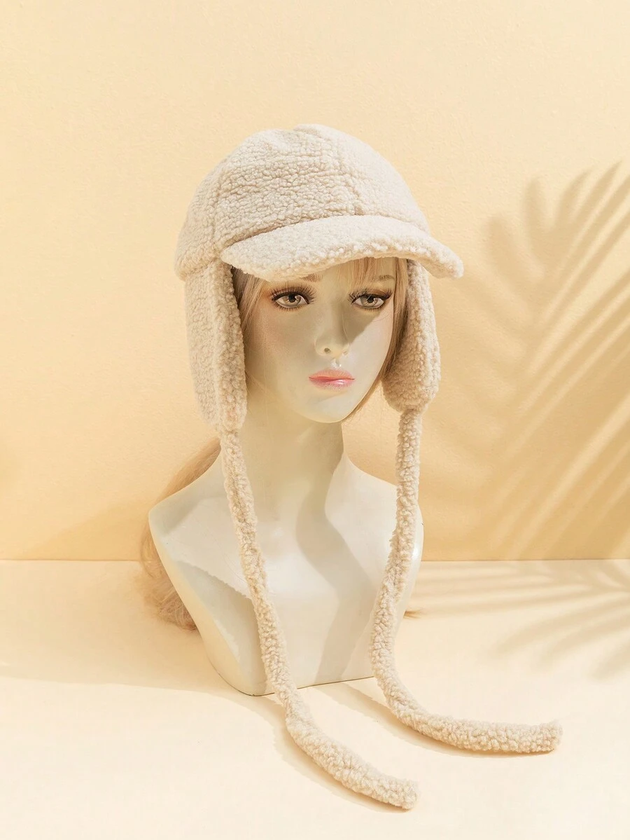 1pc Women's Solid Color Ear Warmers Fleece Winter Hat With Curved Brim, Perfect For Cycling And Skiing - Khaki - View 1