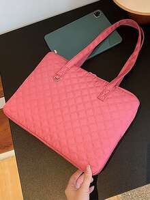 1pc Fashionable Rhombus Pattern Laptop Shoulder Bag For Girls - Hot Pink - View 7