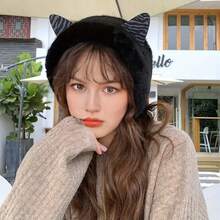 可愛的貓咪毛絨耳罩,帶耳朵的冬季保暖防寒毛絨耳罩,卡通頭帶保暖耳暖器適用於女士和女孩 - 米色 - 查看 4