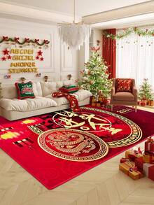 1入組紅色風龍紋印花地毯,適用於2024新年,矩形輕量級聚酯纖維易清洗機洗地毯,適用於走廊、臥室、客廳、入口等家居裝飾 - 紅色 - 查看 7