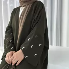 1入優雅謙遜的月亮刺繡袖口長款開衫外套帶披肩頭巾，適合日常或節慶穿著 - 軍綠色 - 查看 2