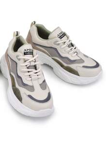 女士真皮厚底增高輕便休閒厚底鞋，新款式，綁帶式，網眼，拼色，柔軟大底運動鞋 - 綠色 - 查看 5