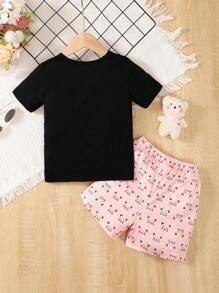 年輕女孩卡通圖案短袖t恤和短褲休閒夏季套裝 - 粉色 - 查看 6