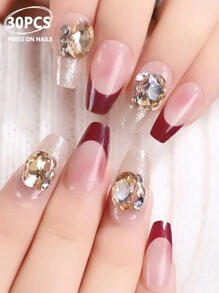 30pcs Coffin-Shaped Long Nail Art Tips With French Style Rhinestone And Glitter, Including 1 Nail File And Jelly Gel - Burgundy - View 2