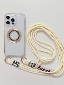 Transparent Electroplating Cd Pattern Inlaid Rhinestone Universal Magnetic Adsorption Acrylic Woven Durable Thick Adjustble Crossbody Hanging Rope New Anti-Fall Phone Case Protective Cover - Beige - View 2