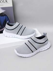1pair Girls' Knitted Design Breathable Slip-On Casual Sneakers Suitable For Spring And Autumn Seasons - Grey - View 4