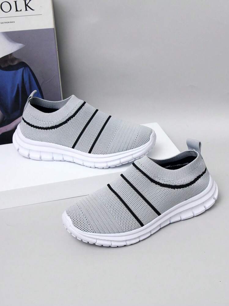 1pair Girls' Knitted Design Breathable Slip-On Casual Sneakers Suitable For Spring And Autumn Seasons - Grey - View 3