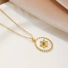 1 件镀金不锈钢链式项链，镶嵌方晶锆石、椭圆形贝壳和花朵吊坠，复古时尚的设计，百搭别致，适合女性和情侣，非常适合街头穿着、日常穿着、工作、节日和派对场合 - 金黃色 - 查看 3